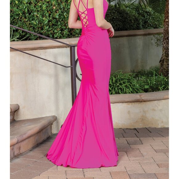 New Sheath Ruched Solid Bridesmaid Dress w/ Lace Up Back & Leg Slit DQ 4283 - Picture 8 of 8